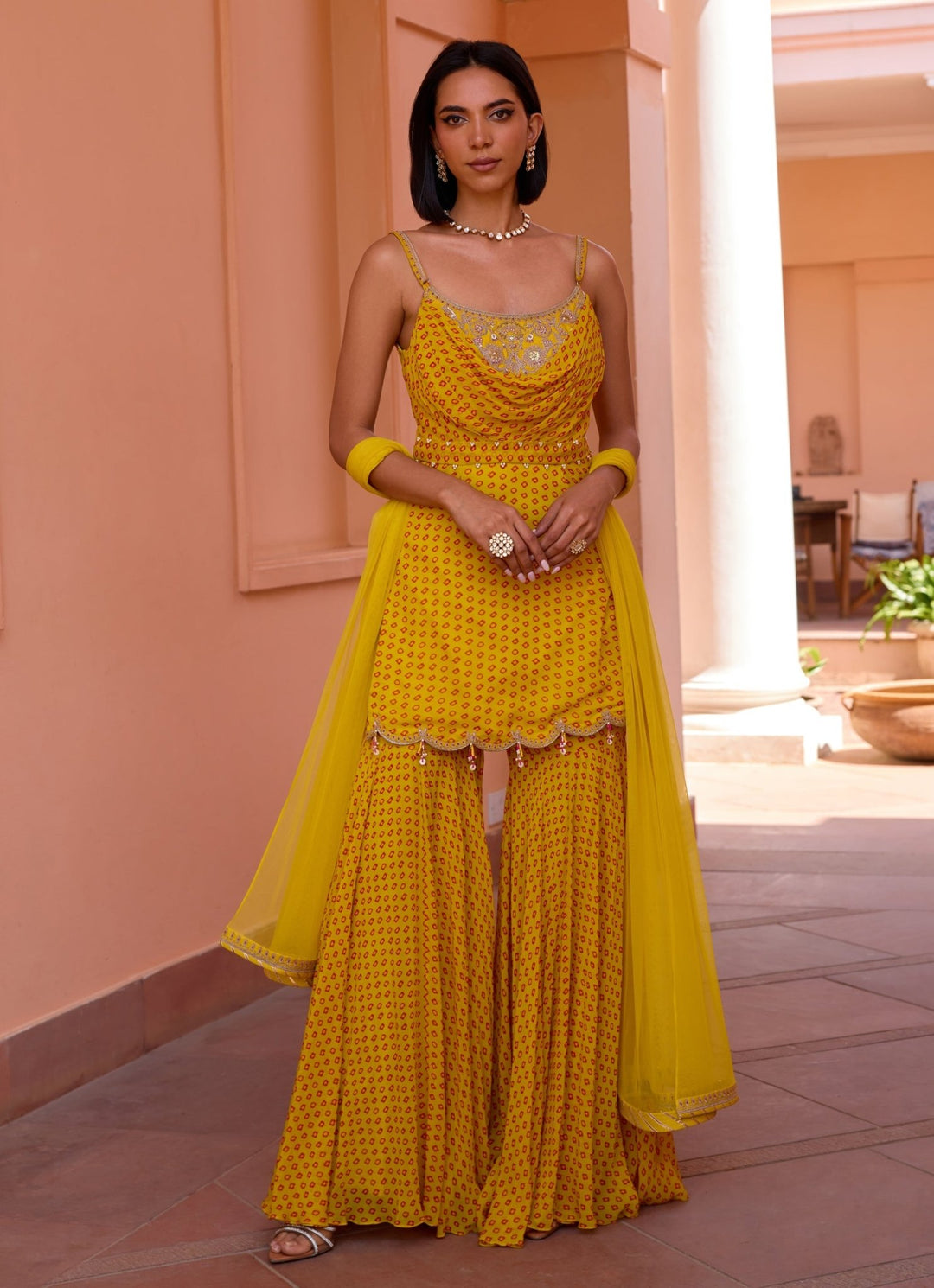 Yellow Embroidered Bandhani Sharara Set Isha Gupta Tayal - Fabilicious Fashion