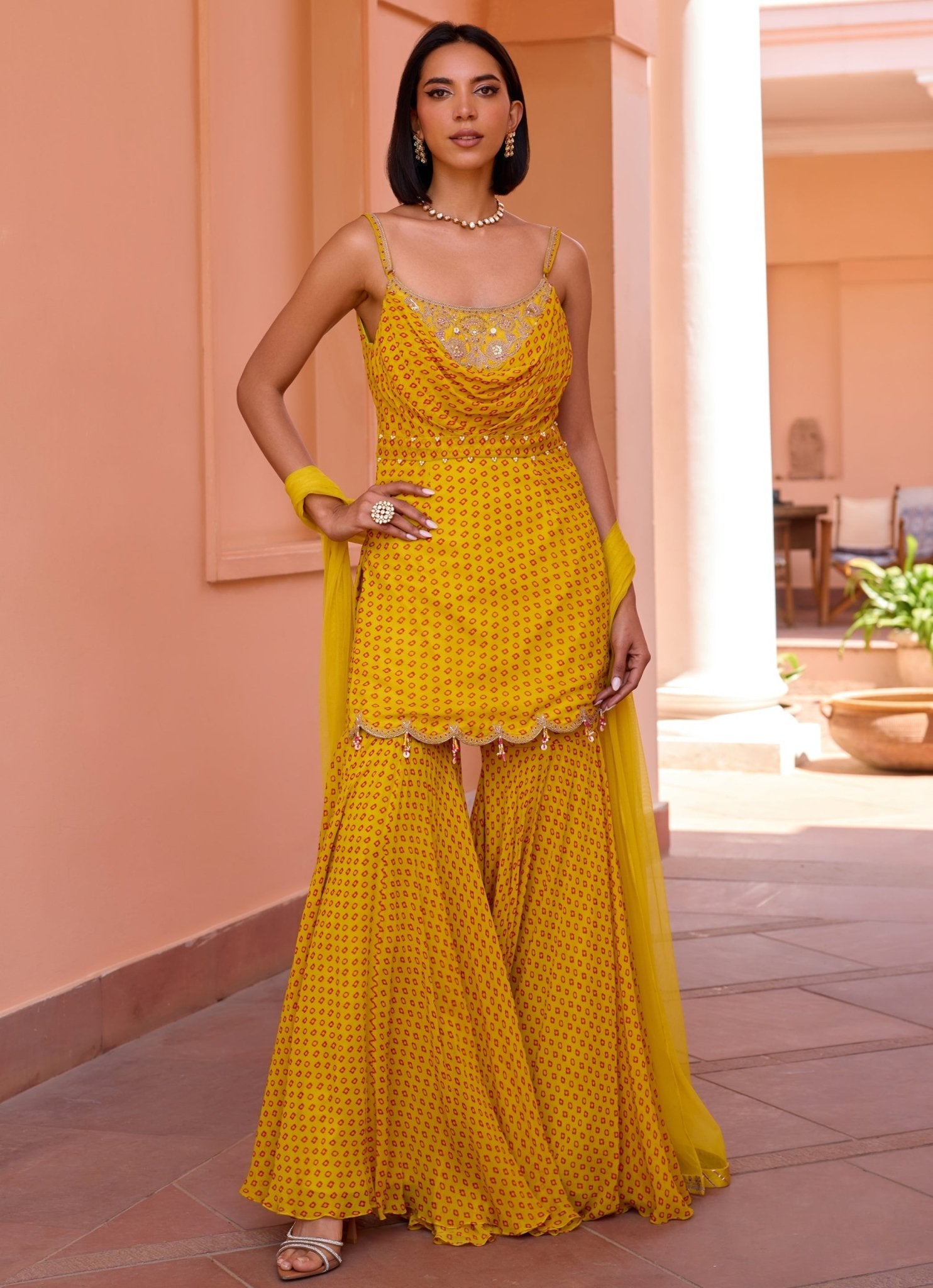 Yellow bandhani sharara set — kurta sharara trends 2026 with heritage-inspired detail
