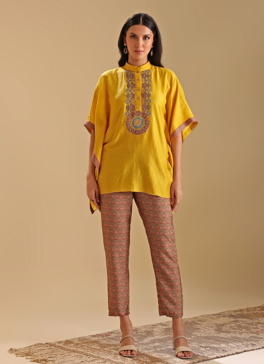 Yellow Embroidered Chanderi Kaftan Shirt And Pant Set Soup By Sougat Paul - Fabilicious Fashion