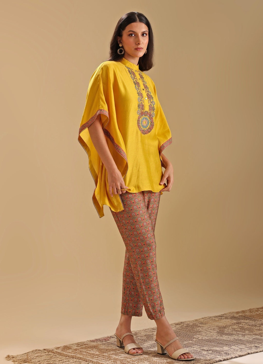 Yellow Embroidered Chanderi Kaftan Shirt And Pant Set Soup By Sougat Paul - Fabilicious Fashion