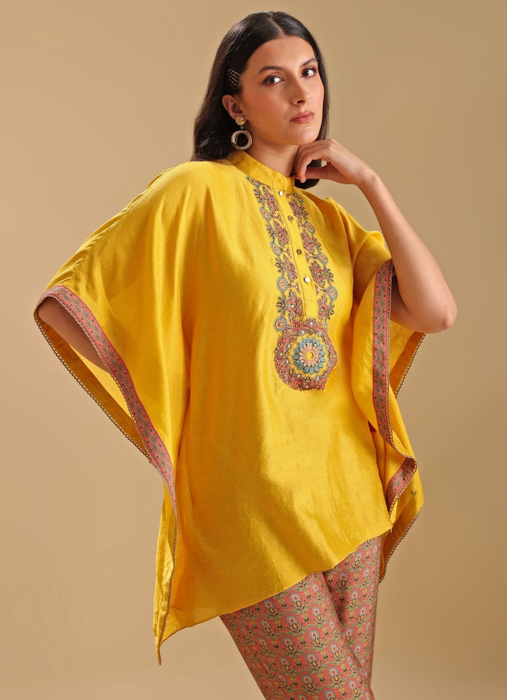 Yellow Embroidered Chanderi Kaftan Shirt And Pant Set Soup By Sougat Paul - Fabilicious Fashion