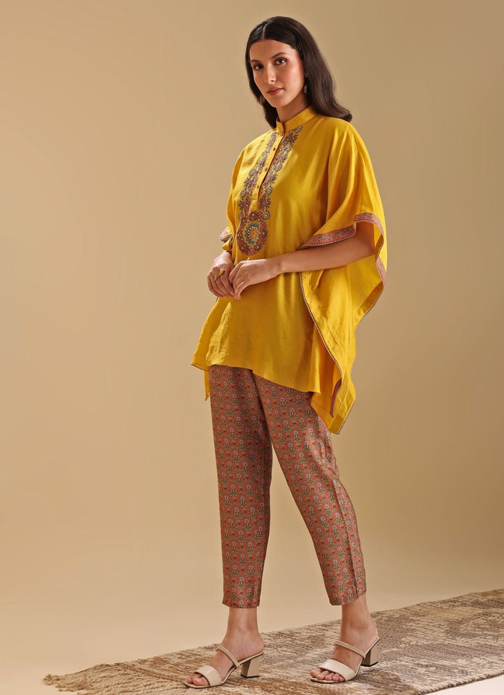 Yellow Embroidered Chanderi Kaftan Shirt And Pant Set Soup By Sougat Paul - Fabilicious Fashion