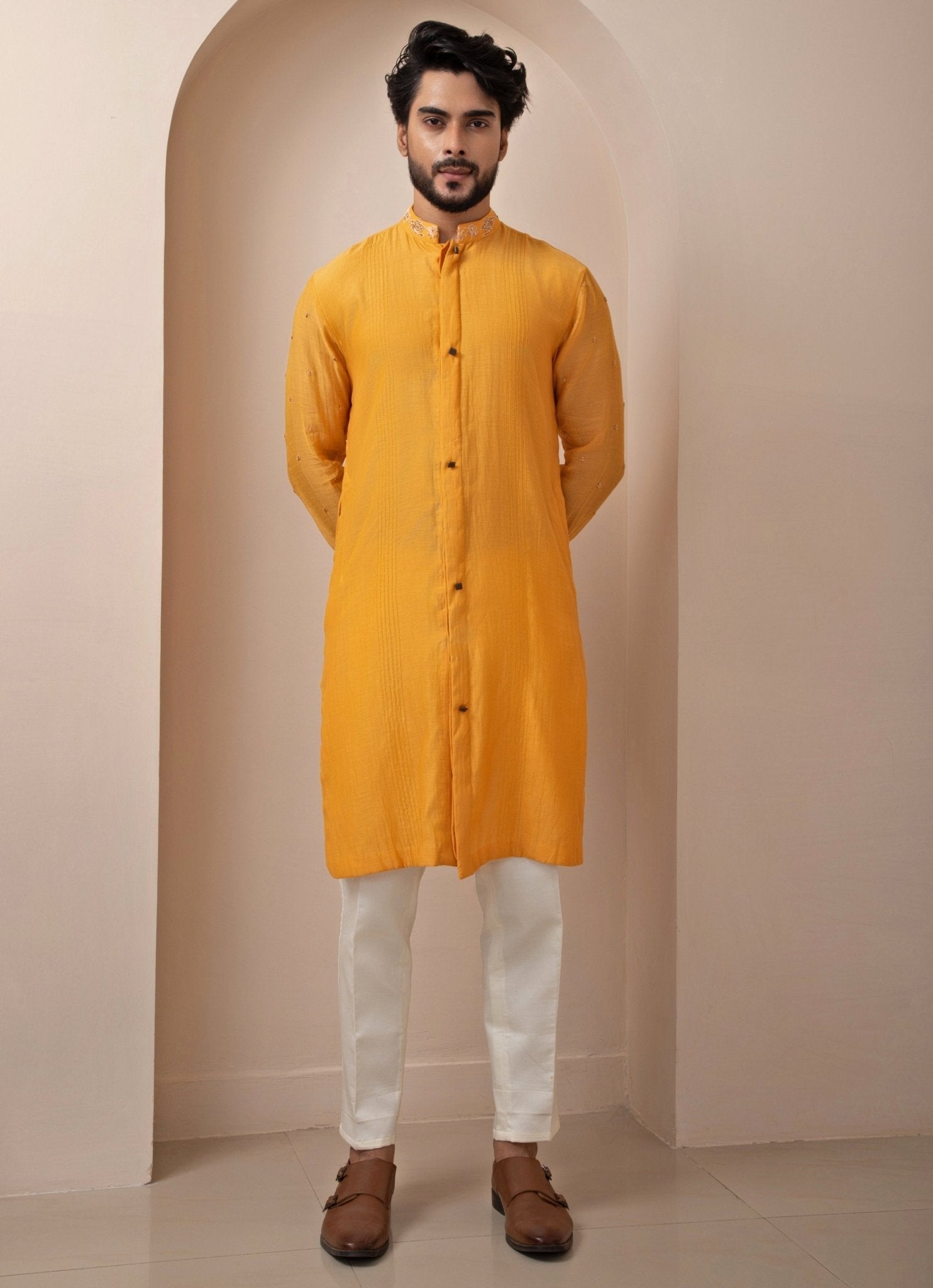 Yellow embroidered Chanderi kurta pant set for mens Haldi ceremony — Smriti Indian designer menswear