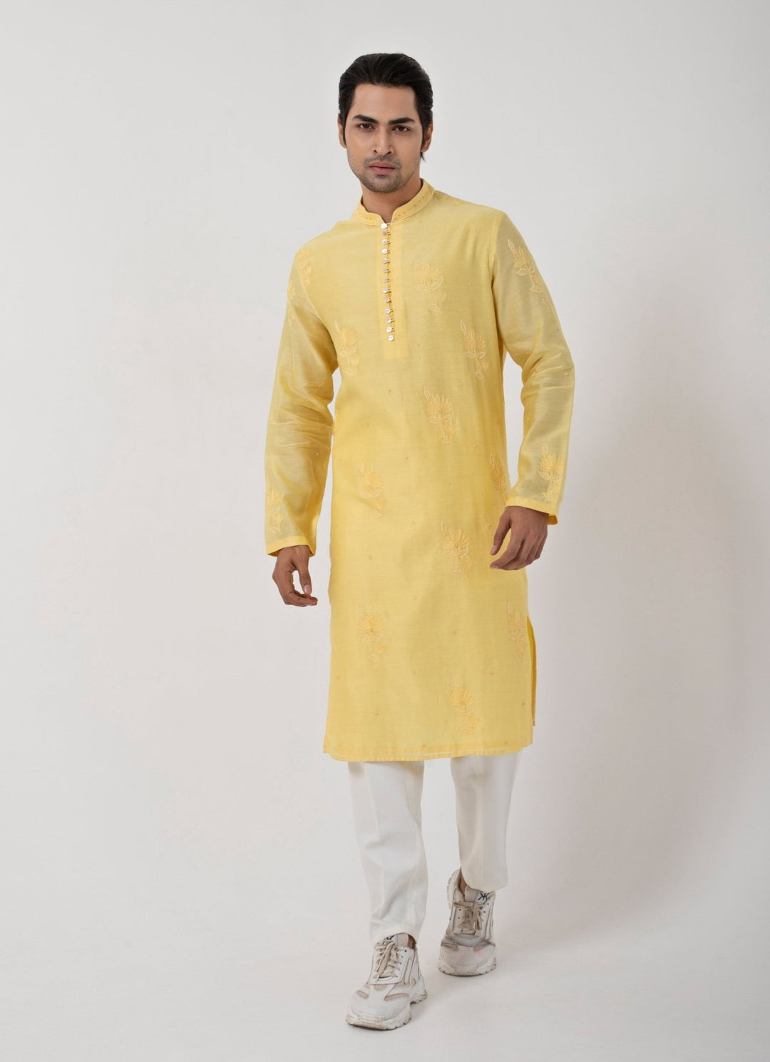 Yellow Embroidered Chanderi Kurta Pants Set Smriti - Fabilicious Fashion