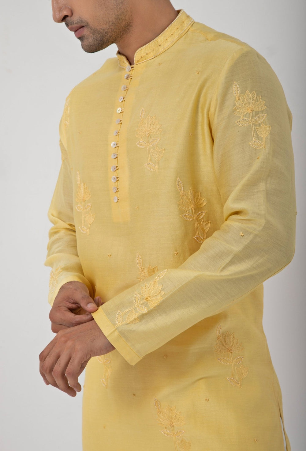 Yellow Embroidered Chanderi Kurta Pants Set Smriti - Fabilicious Fashion