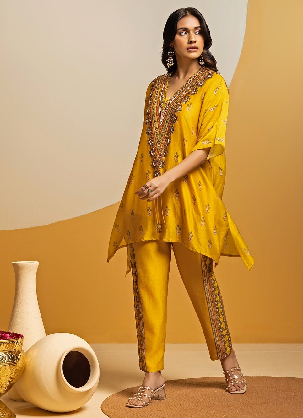 Yellow Embroidered Chanderi Kurta Pants Set Soup by Sougat Paul - Fabilicious Fashion