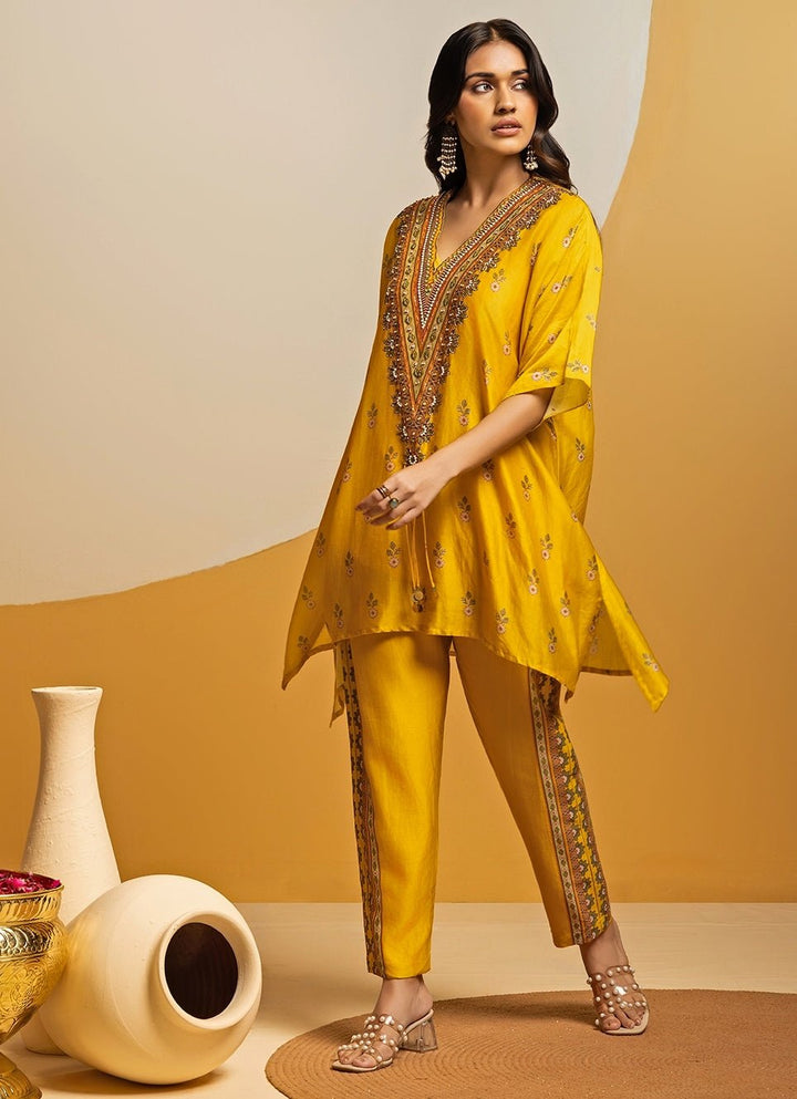 Yellow Embroidered Chanderi Kurta Pants Set Soup by Sougat Paul - Fabilicious Fashion