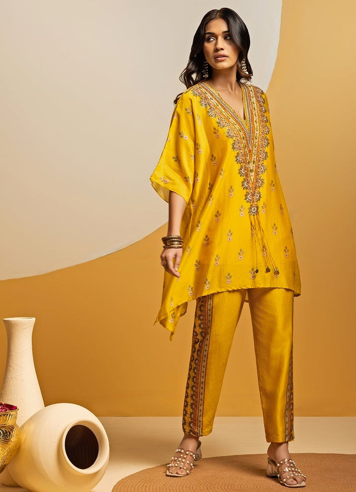 Yellow Embroidered Chanderi Kurta Pants Set Soup by Sougat Paul - Fabilicious Fashion