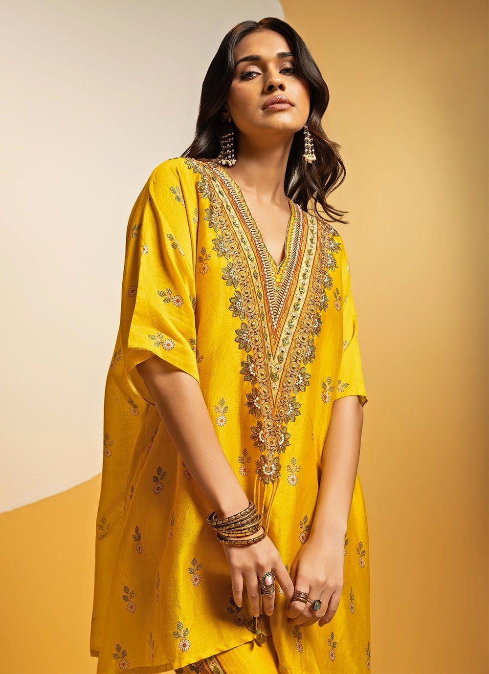 Yellow Embroidered Chanderi Kurta Pants Set Soup by Sougat Paul - Fabilicious Fashion