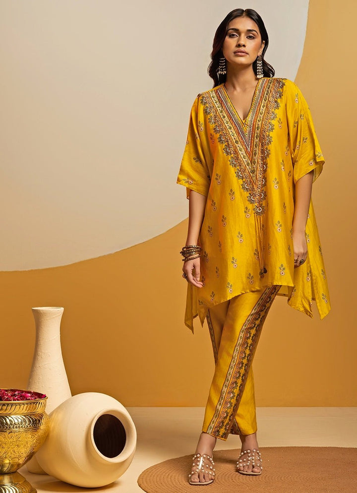 Yellow Embroidered Chanderi Kurta Pants Set Soup by Sougat Paul - Fabilicious Fashion