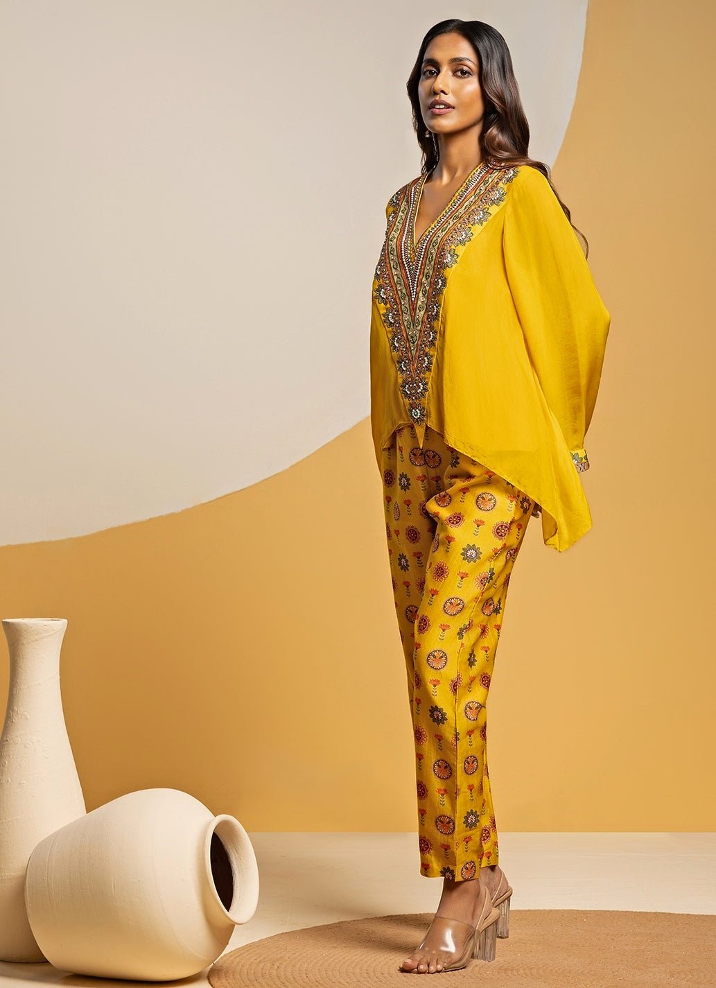 Yellow Embroidered Chanderi Pants Set Soup by Sougat Paul - Fabilicious Fashion