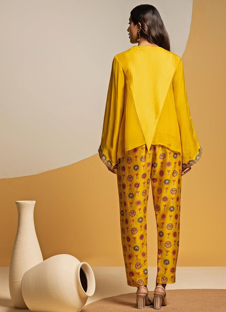 Yellow Embroidered Chanderi Pants Set Soup by Sougat Paul - Fabilicious Fashion
