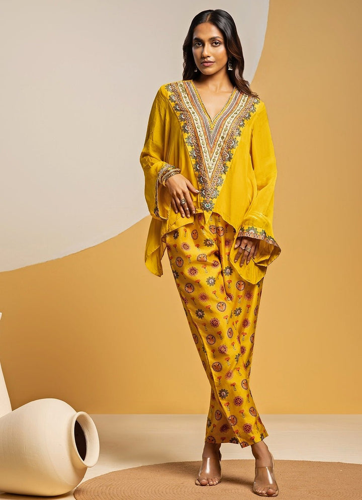 Yellow Embroidered Chanderi Pants Set Soup by Sougat Paul - Fabilicious Fashion