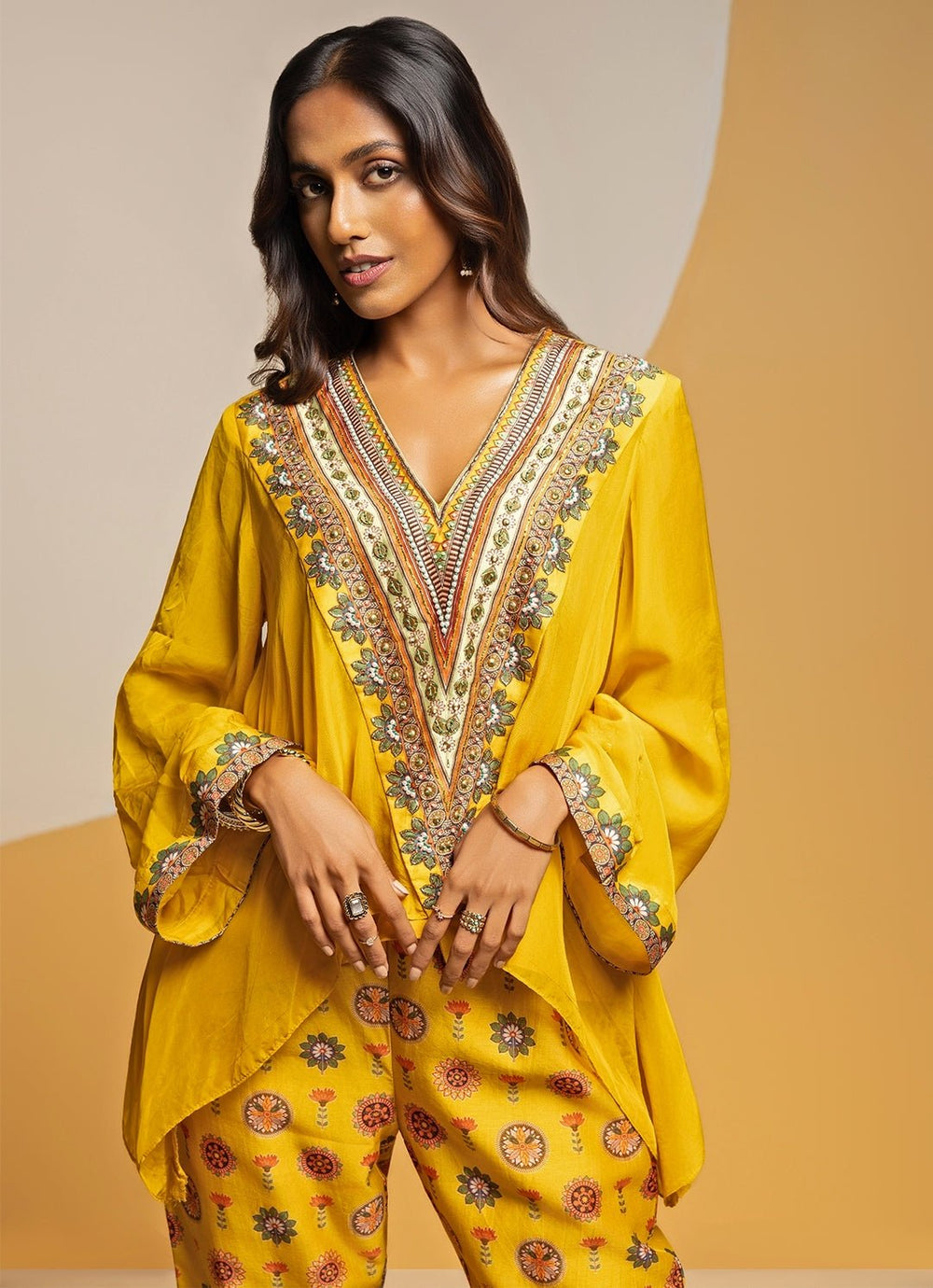 Yellow Embroidered Chanderi Pants Set Soup by Sougat Paul - Fabilicious Fashion