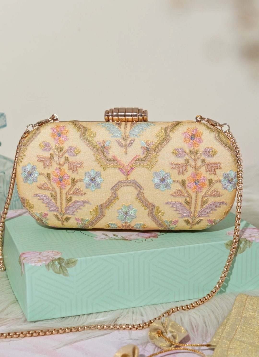 Yellow Embroidered Clutch AMYRA - Fabilicious Fashion