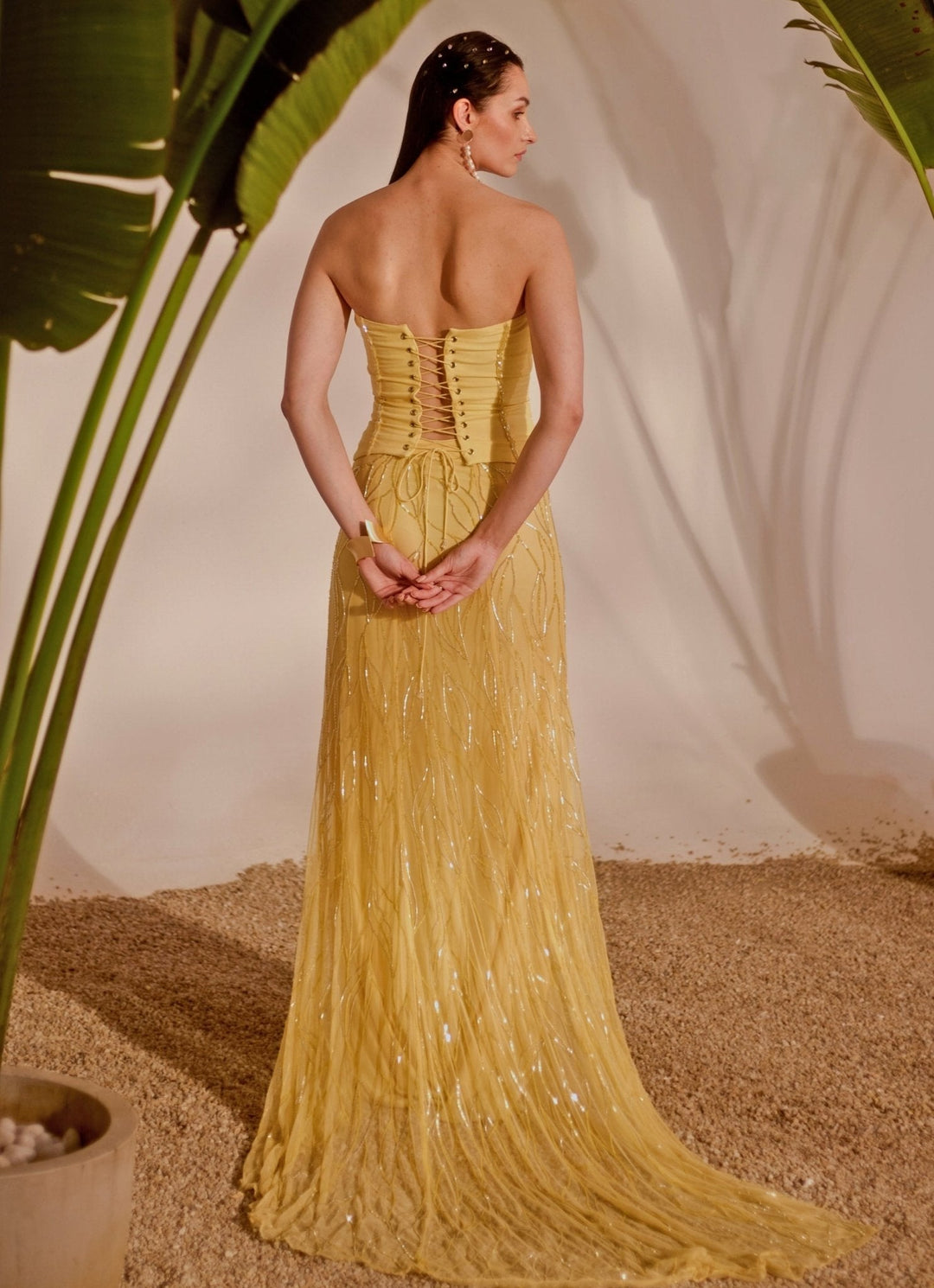 Yellow Embroidered Corset Skirt Set Silky Bindra - Fabilicious Fashion