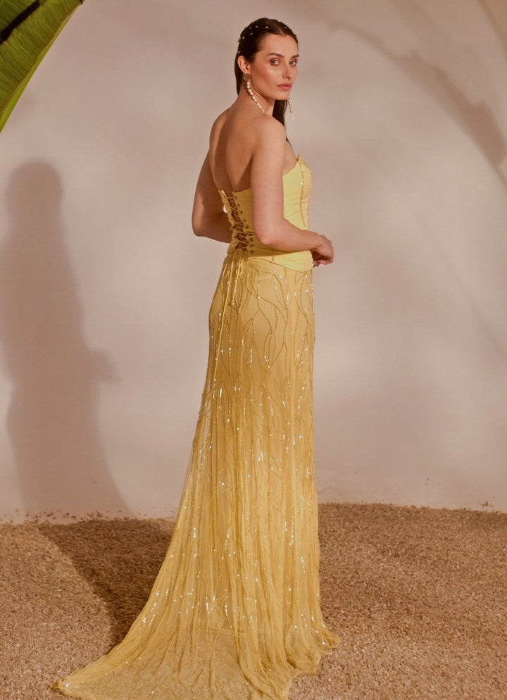 Yellow Embroidered Corset Skirt Set Silky Bindra - Fabilicious Fashion