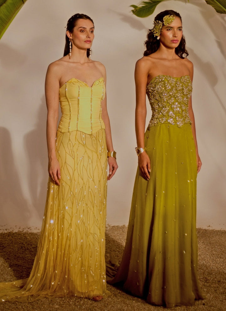 Yellow Embroidered Corset Skirt Set Silky Bindra - Fabilicious Fashion