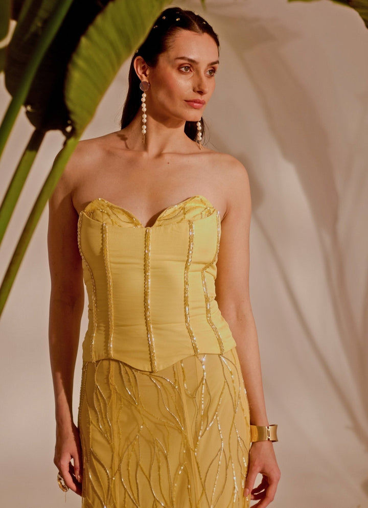 Yellow Embroidered Corset Skirt Set Silky Bindra - Fabilicious Fashion
