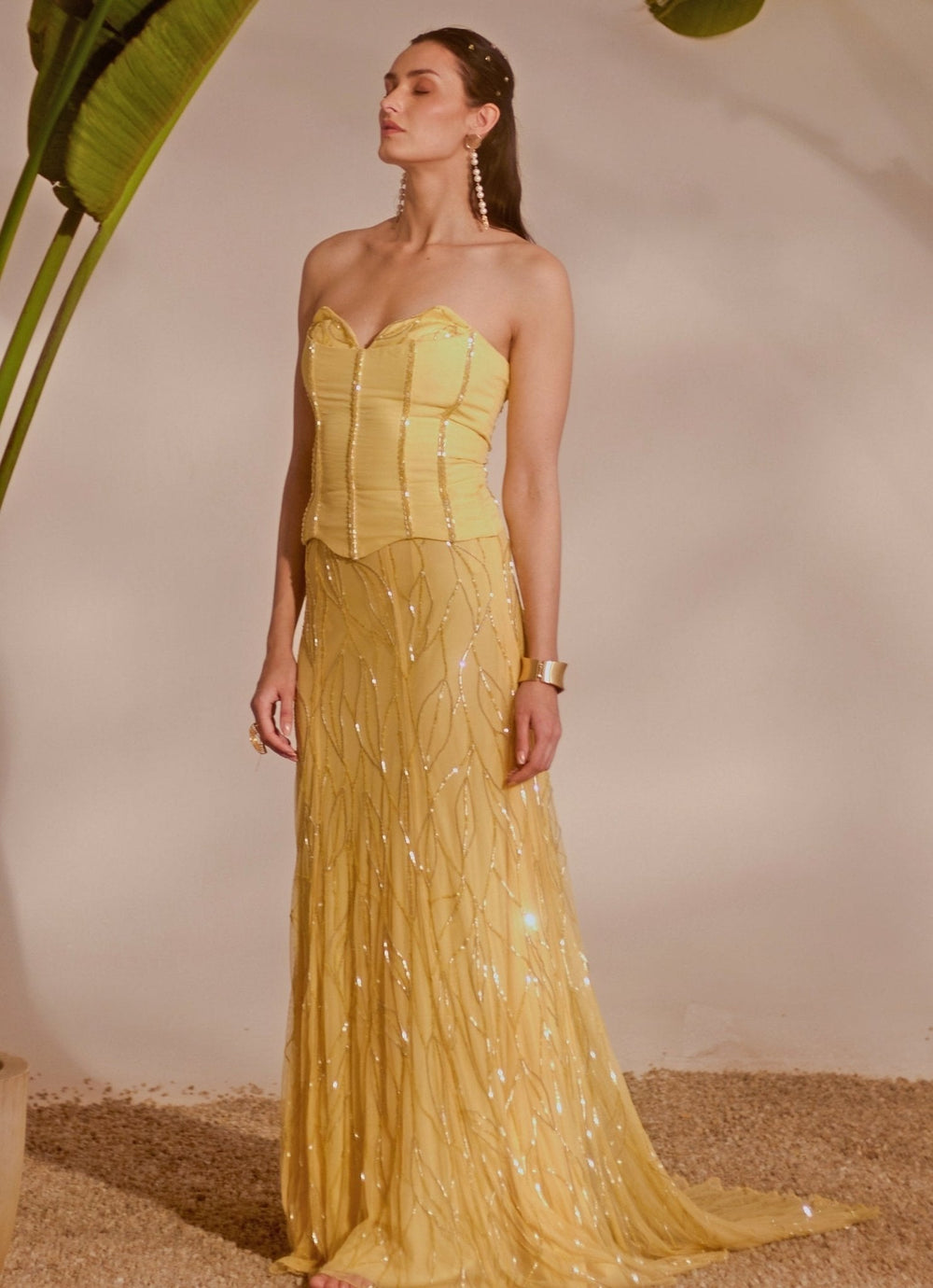 Yellow Embroidered Corset Skirt Set Silky Bindra - Fabilicious Fashion