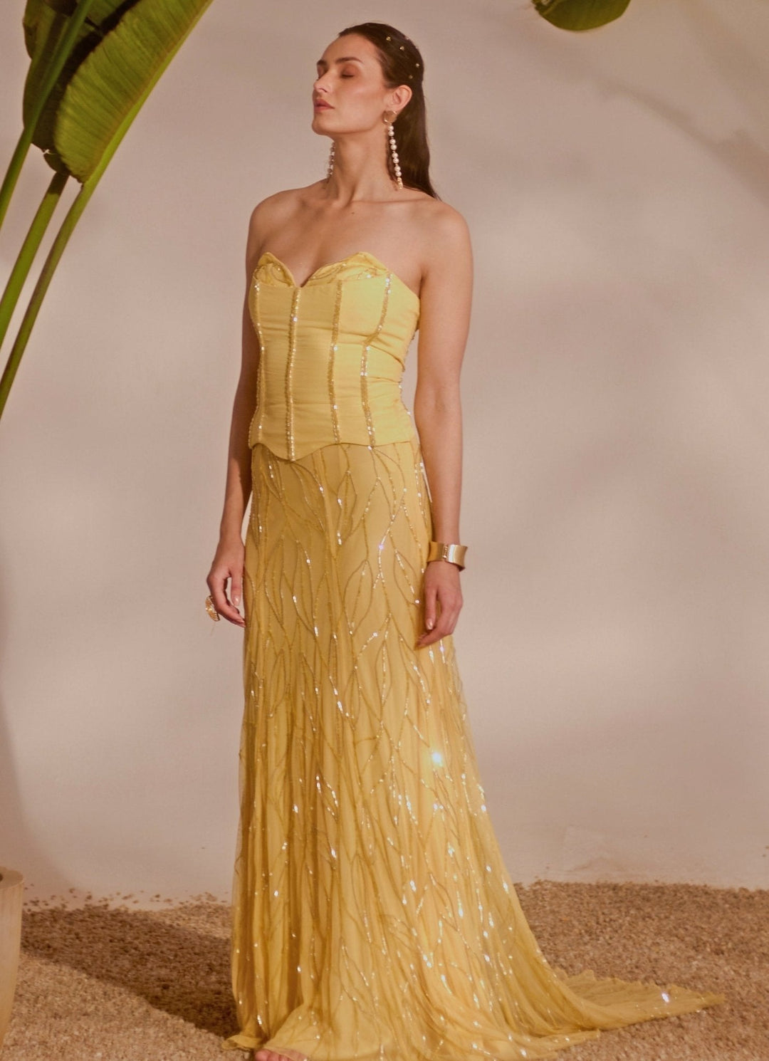 Yellow Embroidered Corset Skirt Set Silky Bindra - Fabilicious Fashion