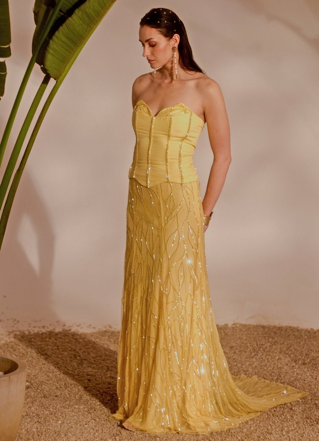 Yellow Embroidered Corset Skirt Set Silky Bindra - Fabilicious Fashion