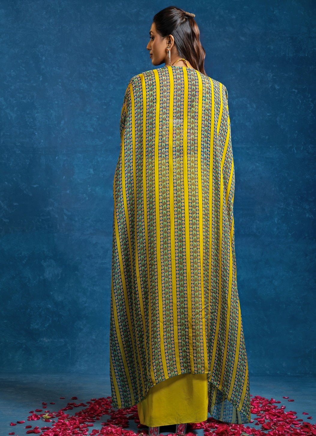 Yellow Embroidered Crepe Drape Skirt Set With Cape Soup by Sougat Paul - Fabilicious Fashion