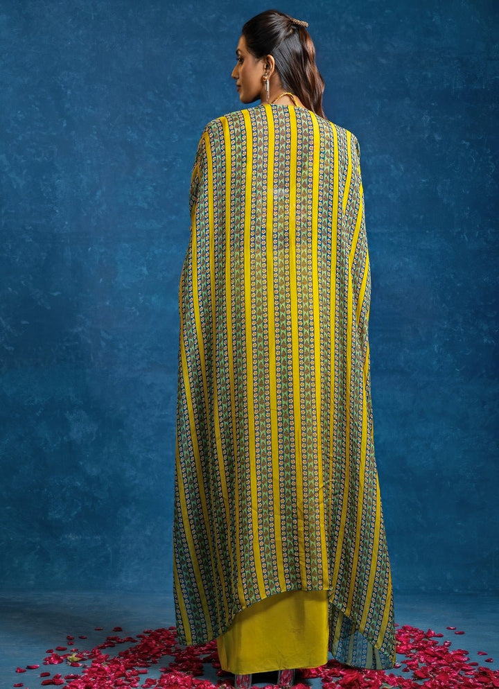 Yellow Embroidered Crepe Drape Skirt Set With Cape Soup by Sougat Paul - Fabilicious Fashion