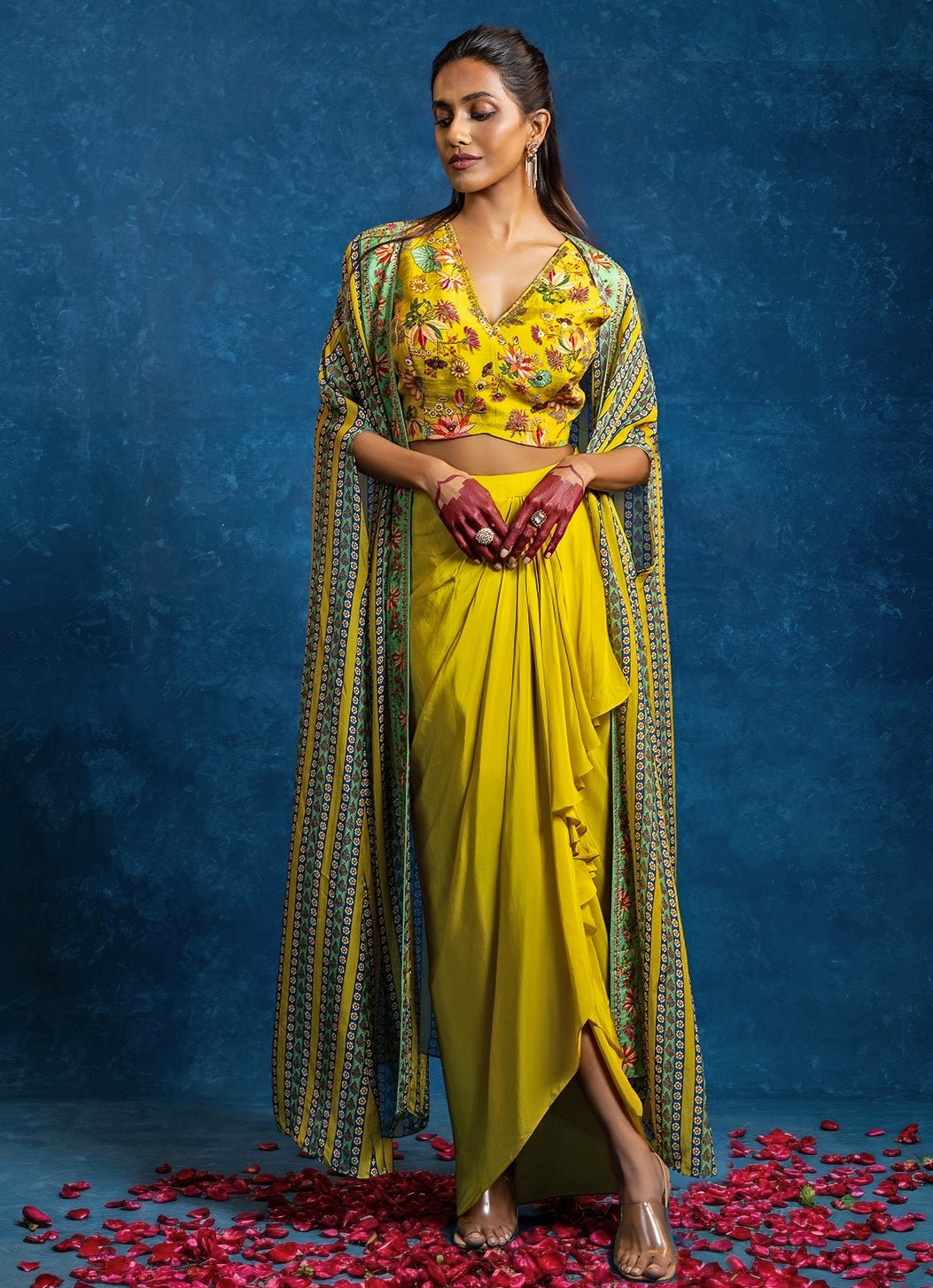 Yellow Embroidered Crepe Drape Skirt Set With Cape Soup by Sougat Paul - Fabilicious Fashion
