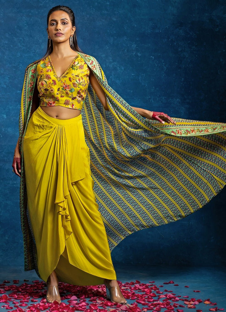 Yellow Embroidered Crepe Drape Skirt Set With Cape Soup by Sougat Paul - Fabilicious Fashion