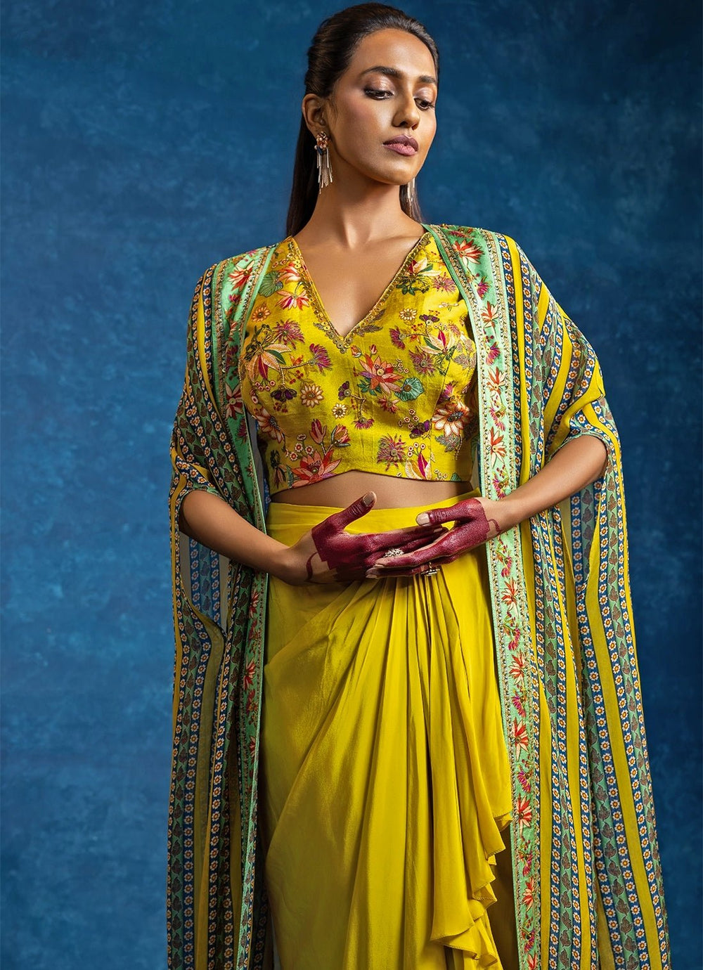 Yellow Embroidered Crepe Drape Skirt Set With Cape Soup by Sougat Paul - Fabilicious Fashion