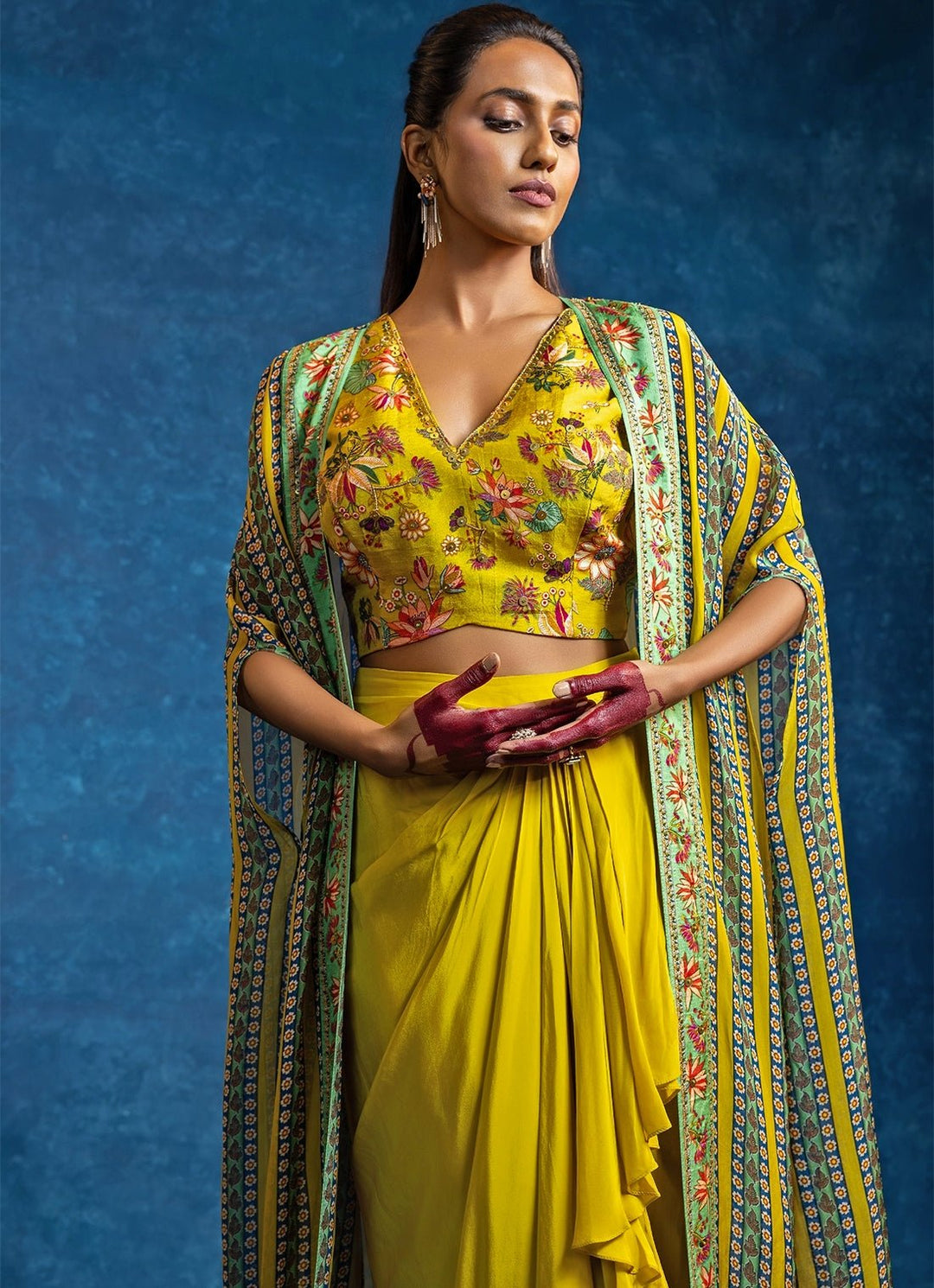 Yellow Embroidered Crepe Drape Skirt Set With Cape Soup by Sougat Paul - Fabilicious Fashion