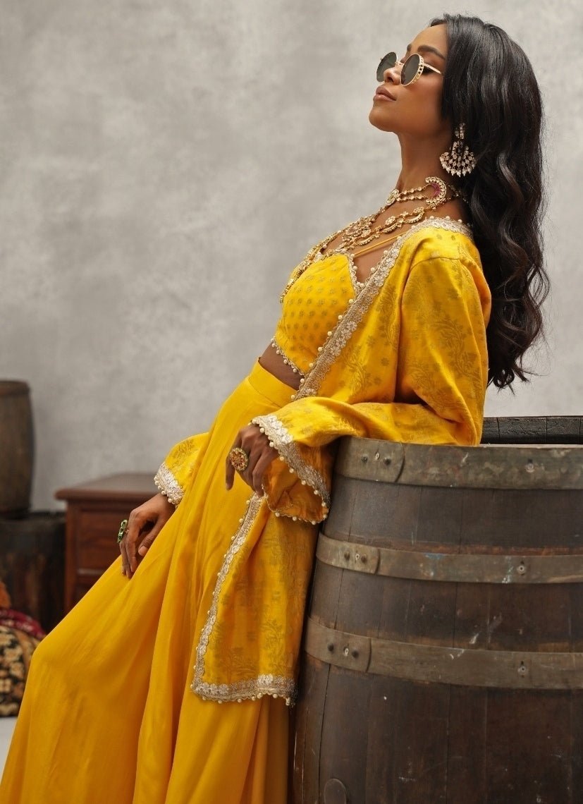 Yellow Embroidered Crepe Sharara Set Kapda Dori - Fabilicious Fashion