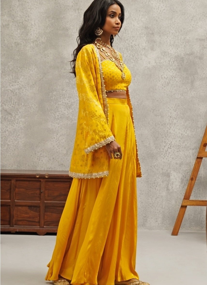 Yellow Embroidered Crepe Sharara Set Kapda Dori - Fabilicious Fashion