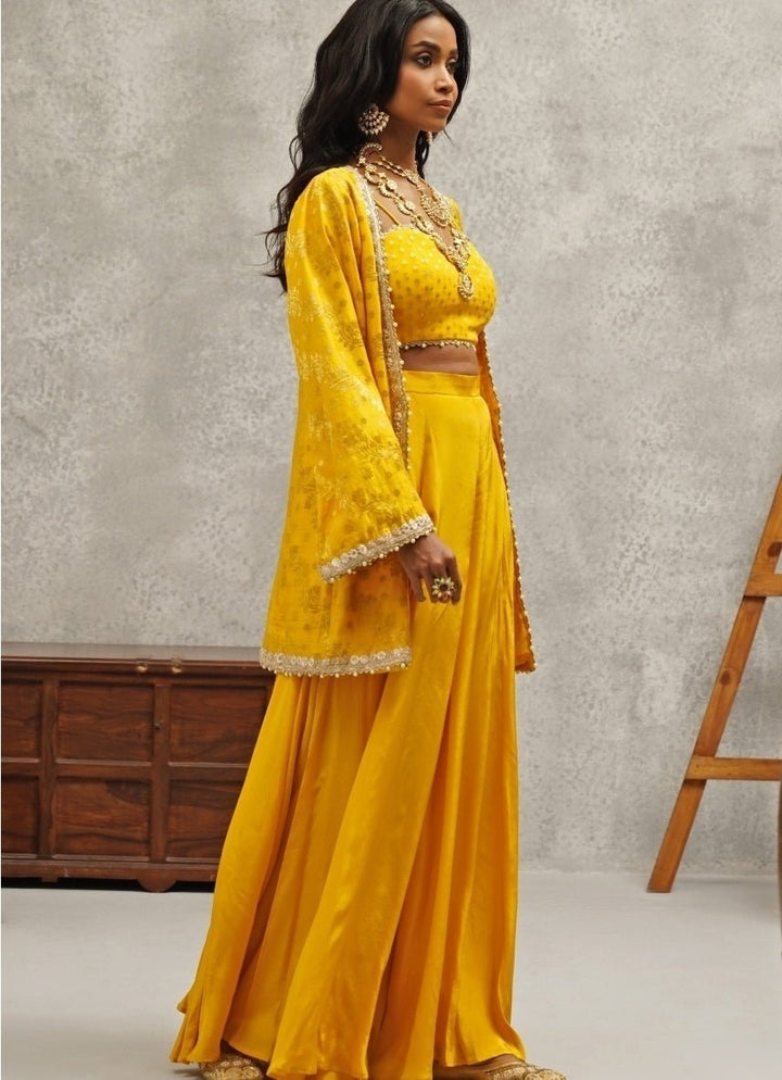Yellow Embroidered Crepe Sharara Set Kapda Dori - Fabilicious Fashion