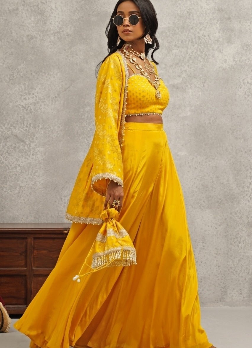 Yellow embroidered crepe sharara set — indo-western outfit for haldi, bride-to-be by Kapda Dori