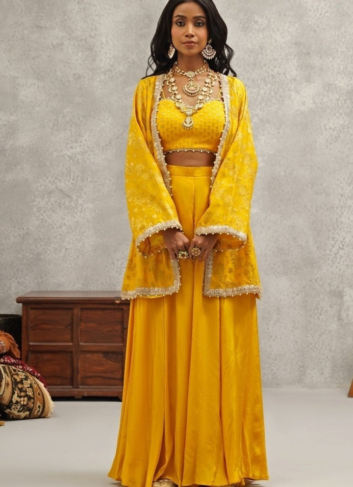 Yellow Embroidered Crepe Sharara Set Kapda Dori - Fabilicious Fashion