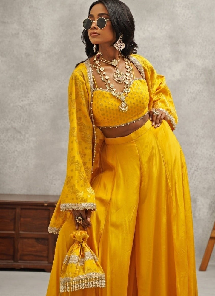 Yellow Embroidered Crepe Sharara Set Kapda Dori - Fabilicious Fashion
