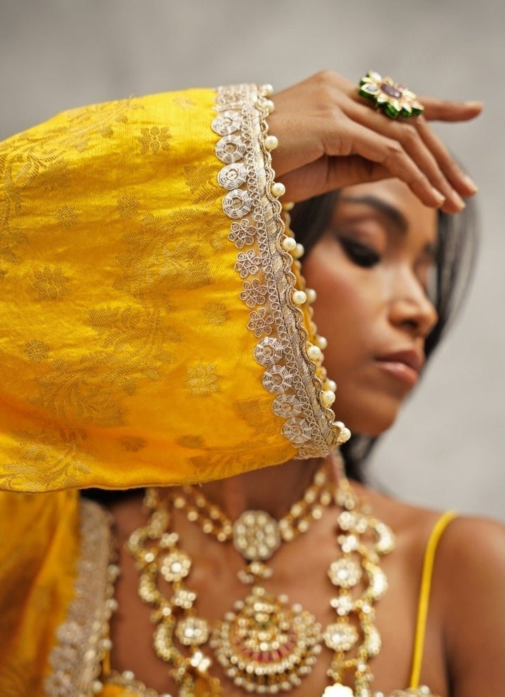 Yellow Embroidered Crepe Sharara Set Kapda Dori - Fabilicious Fashion