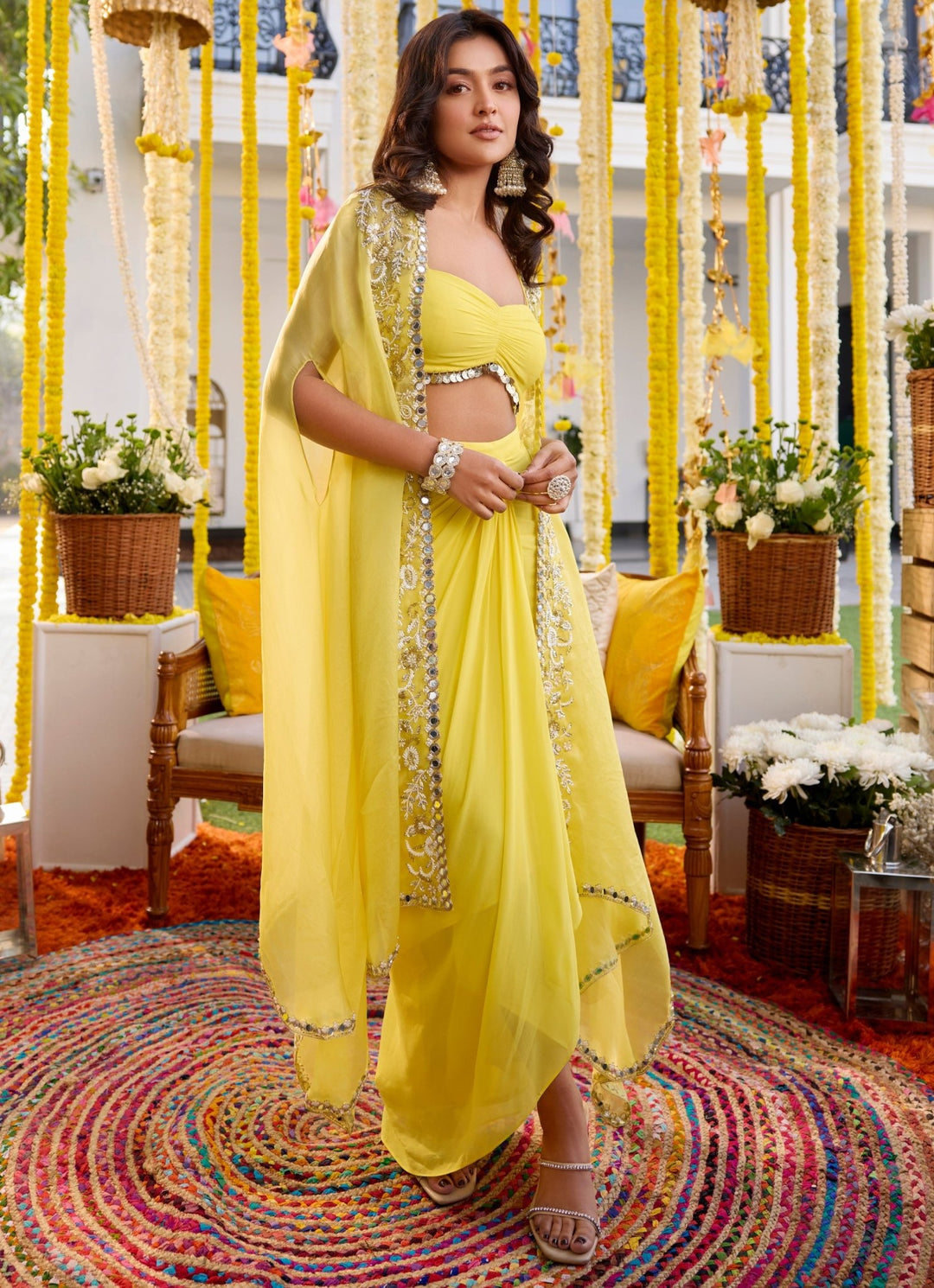Yellow Embroidered Georgette Dhoti Skirt Sanya Gulati - Fabilicious Fashion