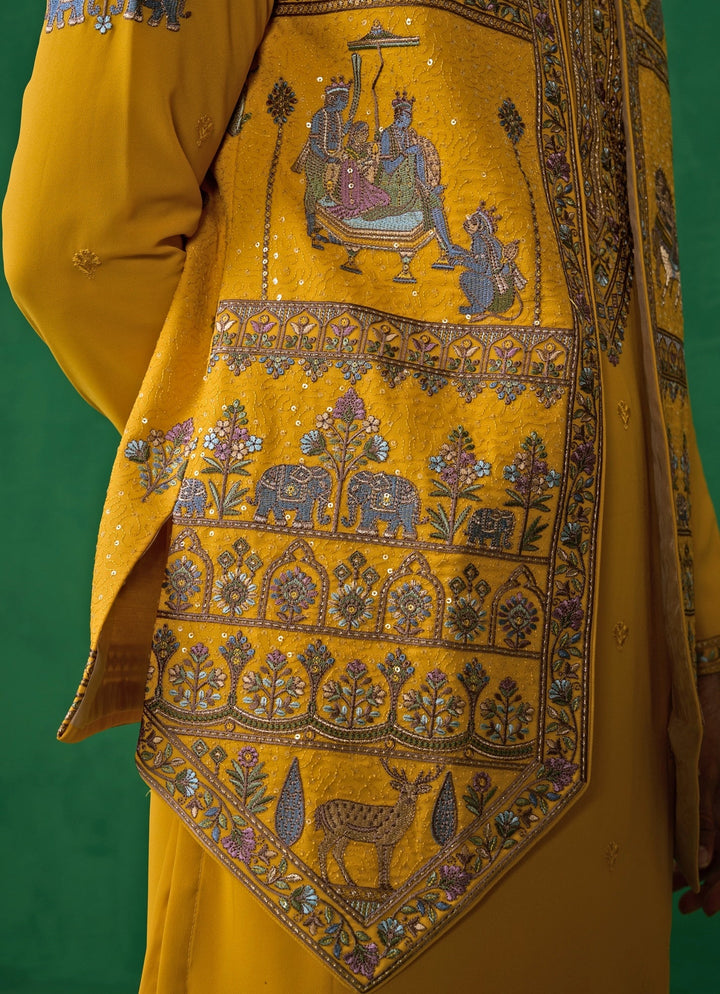 Yellow Embroidered Georgette Kurta Jacket Set Kalpraag - Fabilicious Fashion