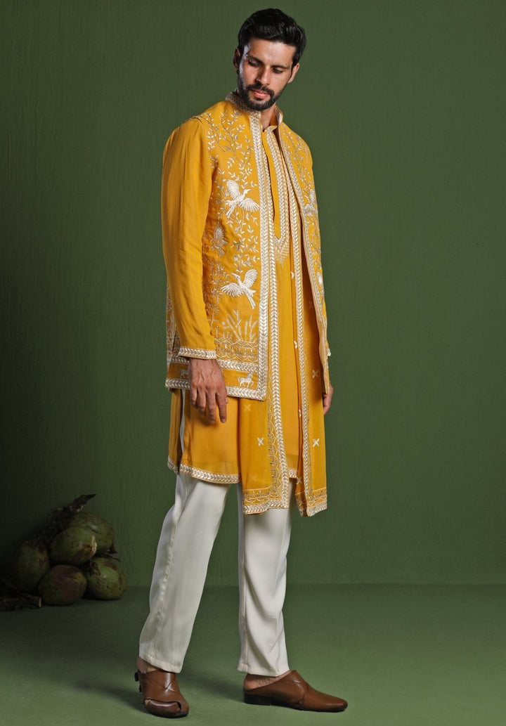 Yellow Embroidered Georgette Kurta Jacket Set Kalpraag - Fabilicious Fashion