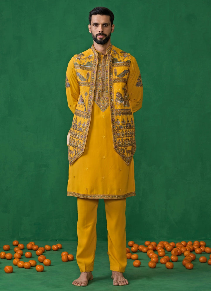 Yellow Embroidered Georgette Kurta Jacket Set Kalpraag - Fabilicious Fashion