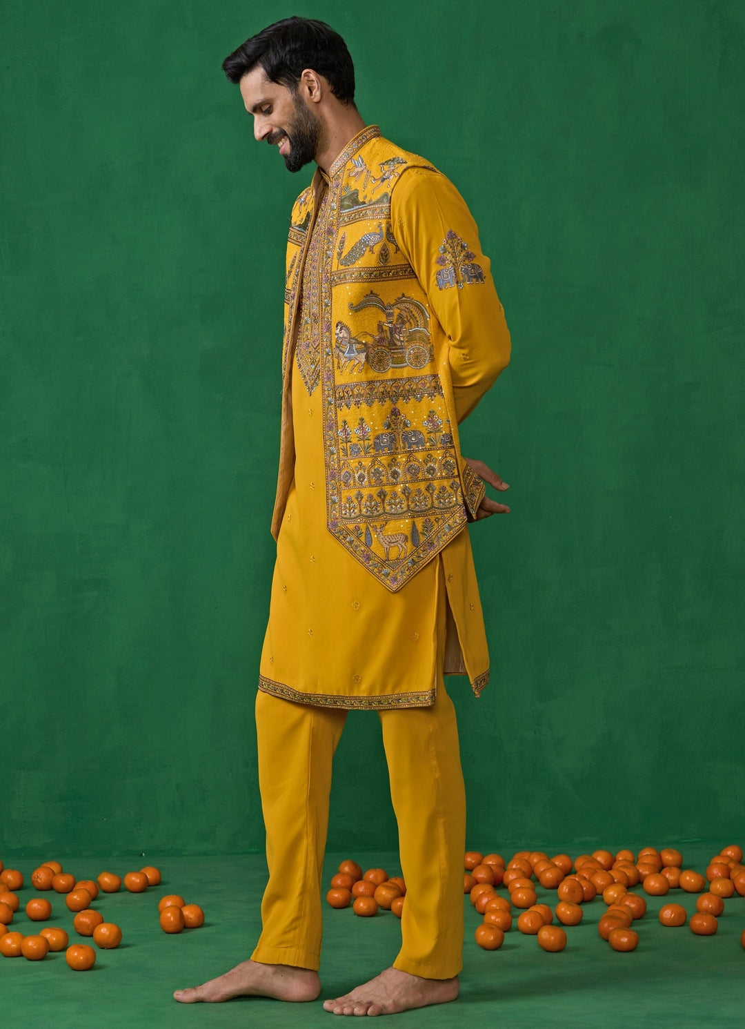 Yellow Embroidered Georgette Kurta Jacket Set Kalpraag - Fabilicious Fashion