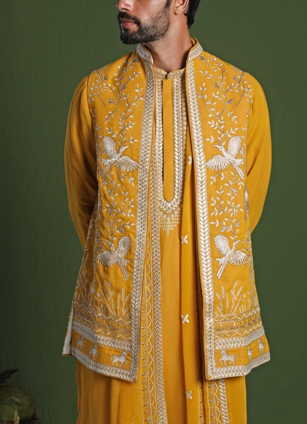 Yellow Embroidered Georgette Kurta Jacket Set Kalpraag - Fabilicious Fashion