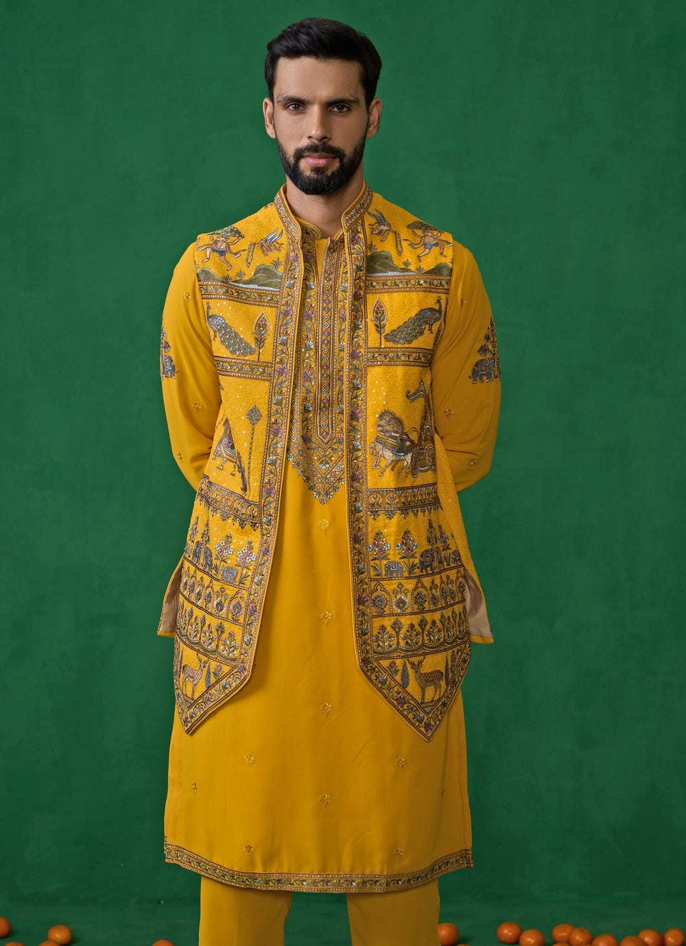 Yellow Embroidered Georgette Kurta Jacket Set Kalpraag - Fabilicious Fashion