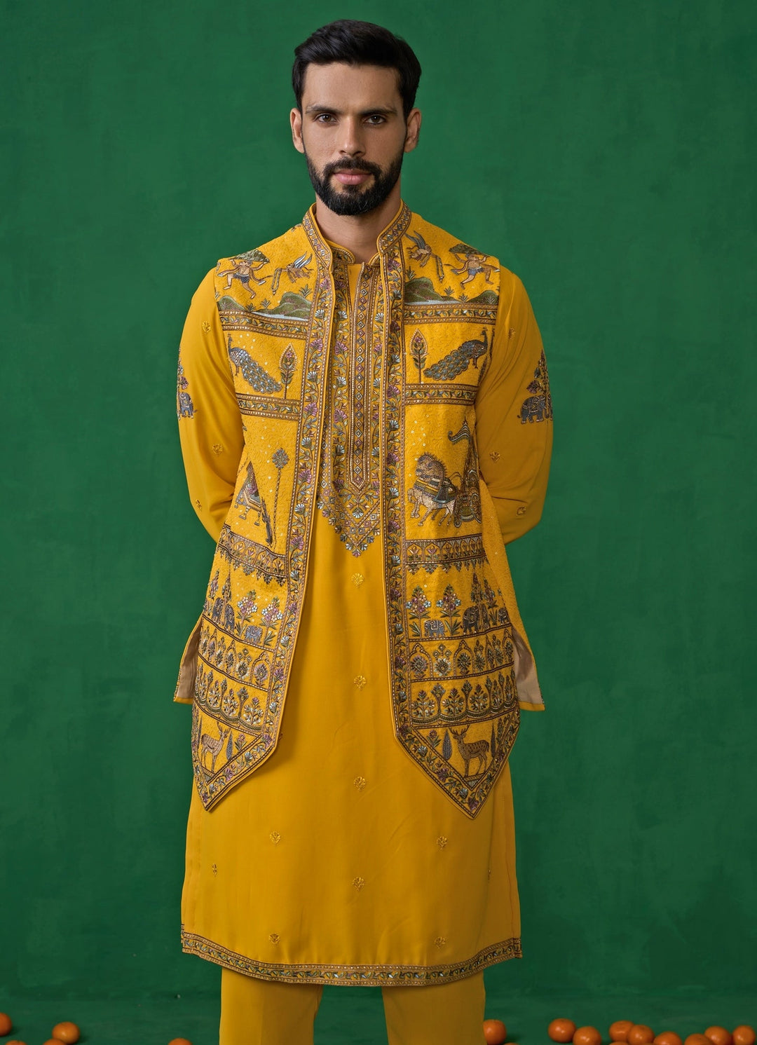 Yellow Embroidered Georgette Kurta Jacket Set Kalpraag - Fabilicious Fashion