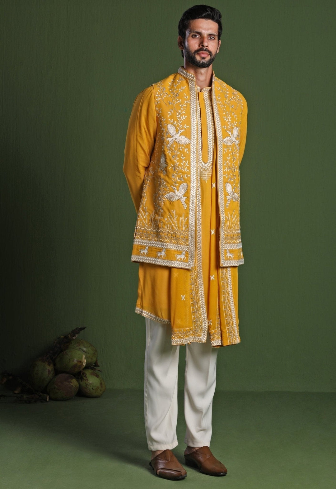 Yellow Embroidered Georgette Kurta Jacket Set Kalpraag - Fabilicious Fashion