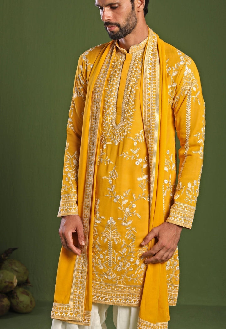 Yellow Embroidered Georgette Kurta Patiala Pant Kalpraag - Fabilicious Fashion