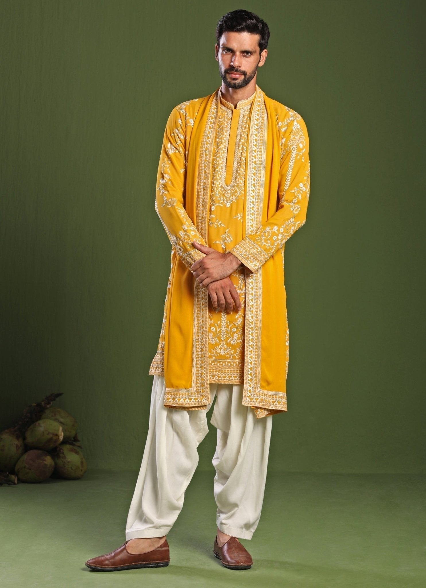 Yellow embroidered georgette kurta with patiala pant for men — mehendi outfit